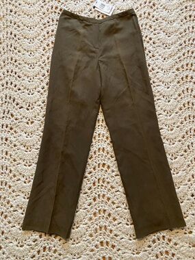 Jones New York Olive Silk & Linen Blend Straight-Leg Trousers